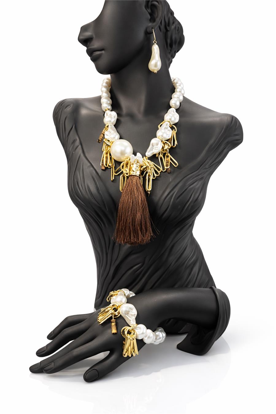 Mary Püskül Detaylı İnci Kolye Bileklik Set