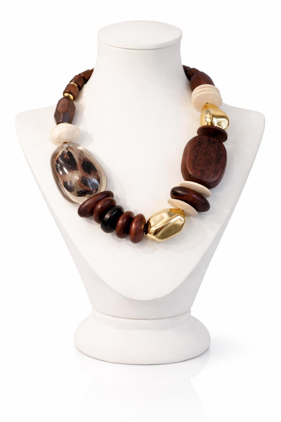 Lori Ahşap Boncuklu Leopar Detaylı Kolye