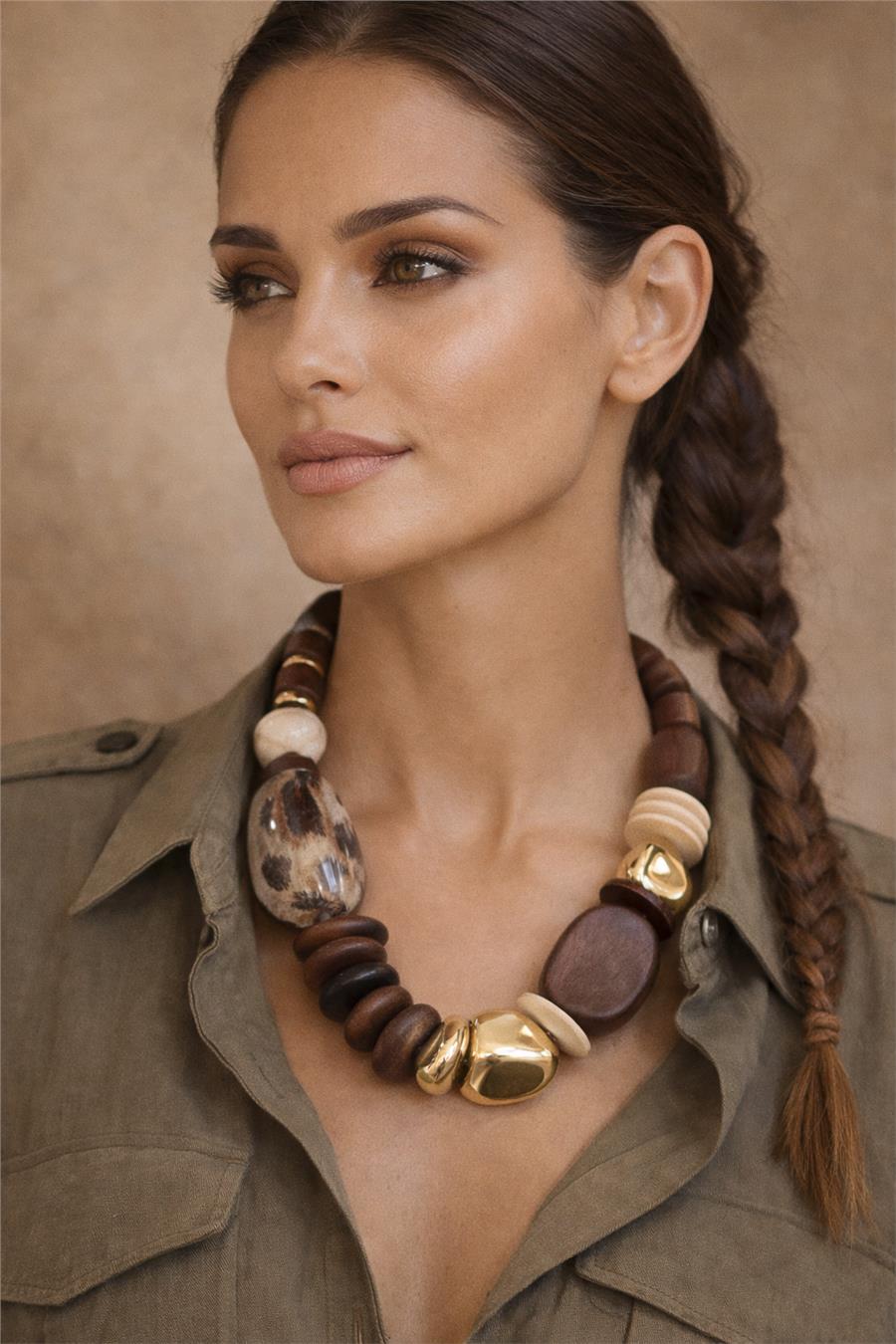 Lori Ahşap Boncuklu Leopar Detaylı Kolye