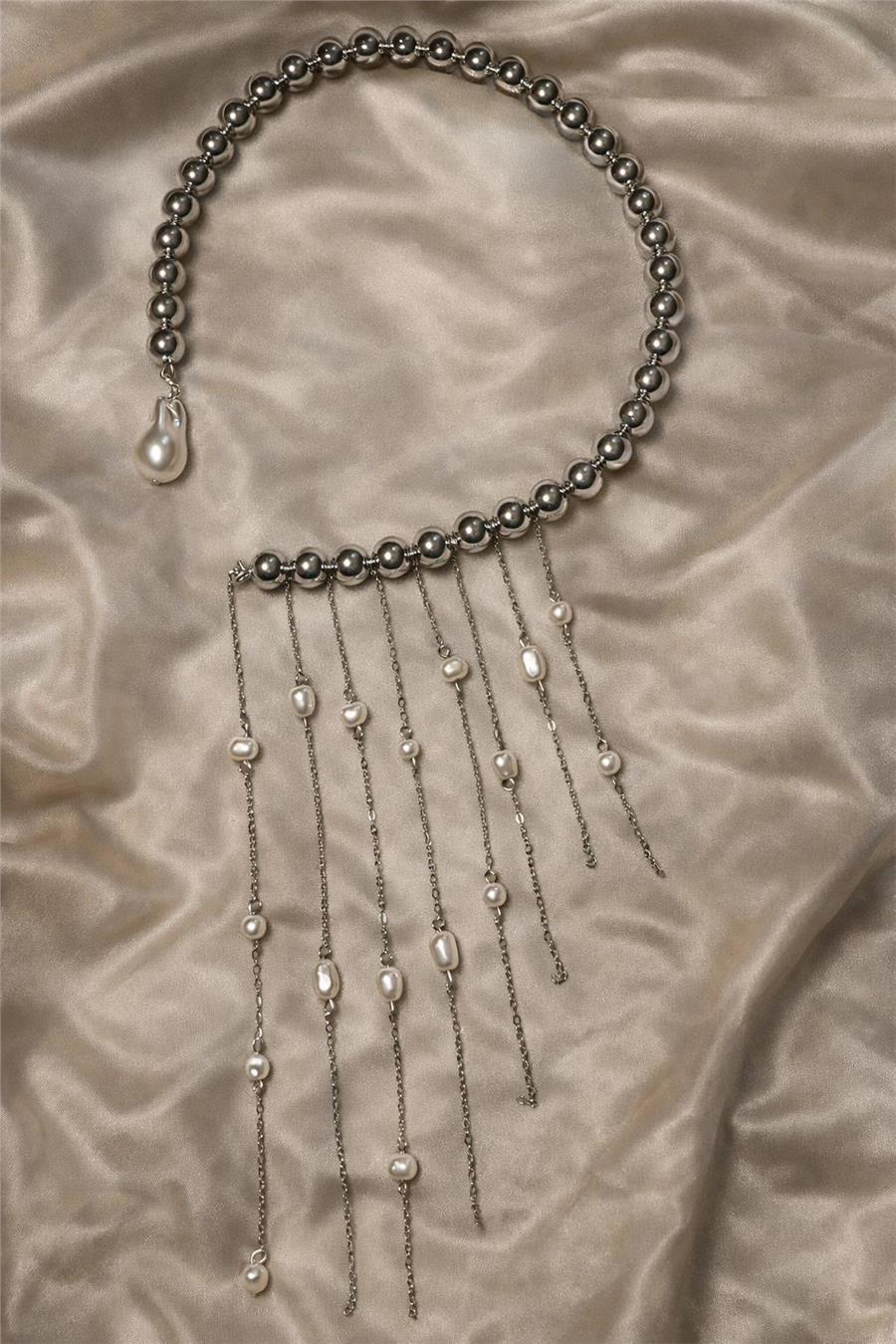 Hailey Sallantılı İnci Gümüş Renk Boncuklu Kolye