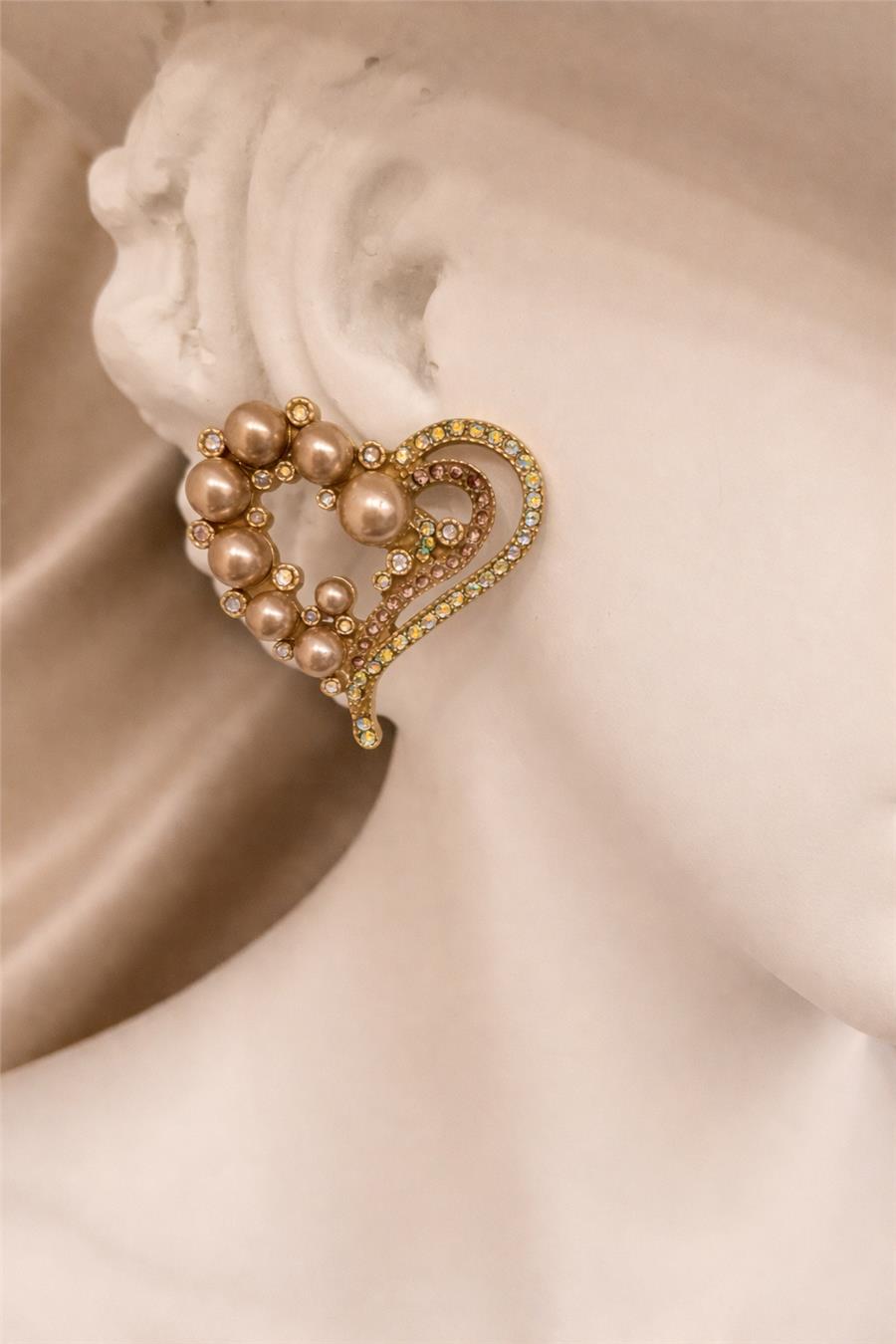 Jayla Bronz Kalp Form Taş ve İnci Detaylı Küpe