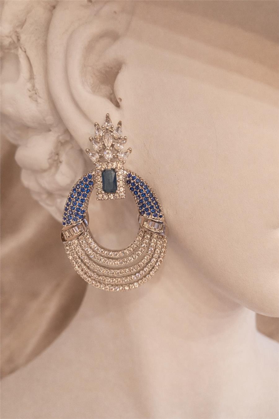 Lulu Mavi Taş Detaylı Kristal Taş Yüzeyli Şık Küpe