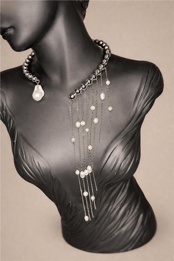 Hailey Sallantılı İnci Gümüş Renk Boncuklu Kolye