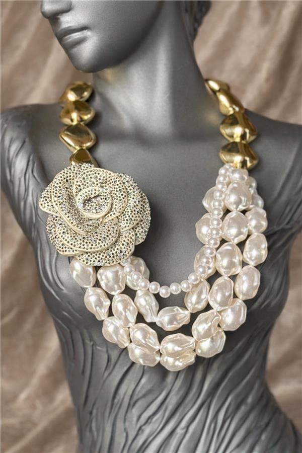 Michelle İncili Gold Boncuklu Çiçekli Kolye