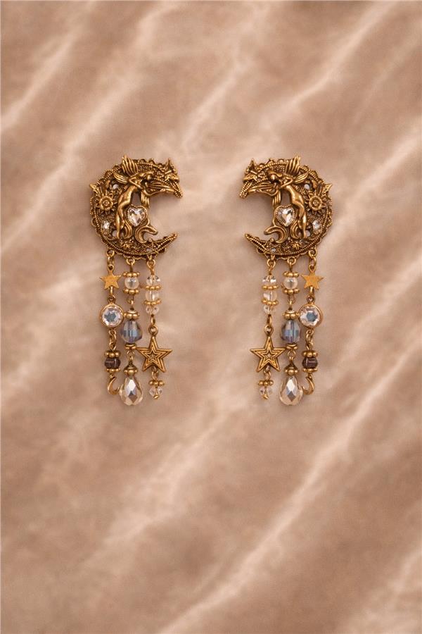 Aida Mistik Ay Figürlü Gold Renk Sallantılı Küpe