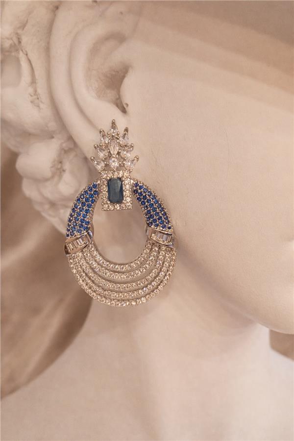 Lulu Mavi Taş Detaylı Kristal Taş Yüzeyli Şık Küpe